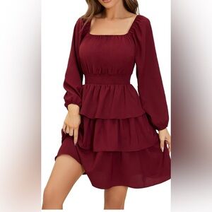 Women's Square Neck Smocked Dresses Long Sleeve Ruffle Tiered Casual Beach